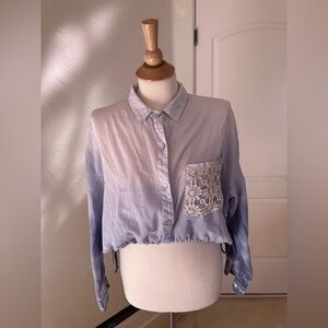 Handmade Upcycled Light Blue Tie-Dye Button-Up – Small – Lace Trim – Coastalcore